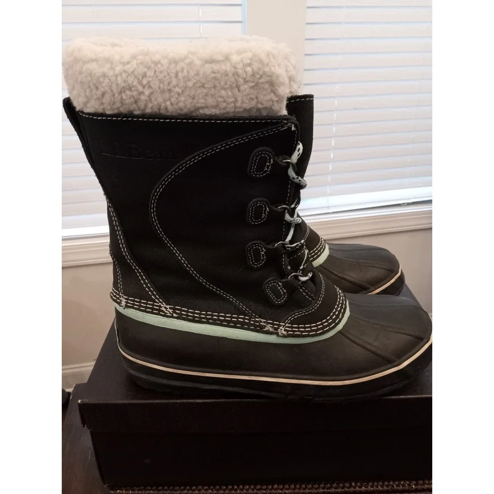 LL Bean  Womens‎ Snow Boots Size 9 M Charcoal  Suede Lace Up Rubber Felt Lined